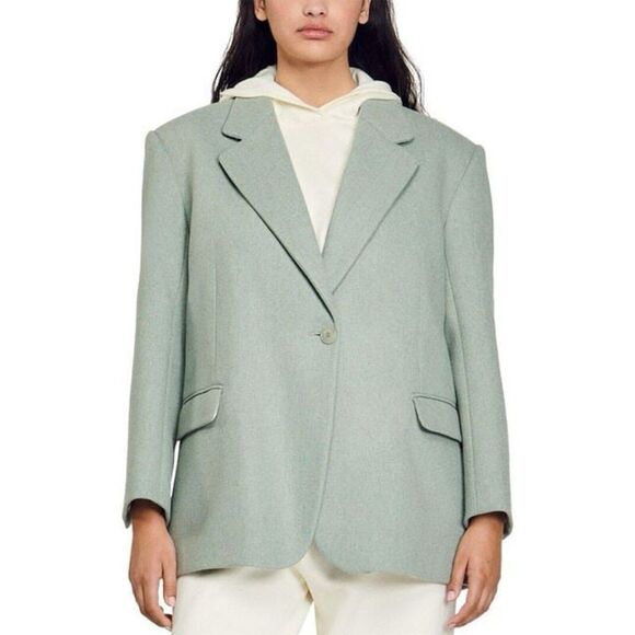 Sandro Palma Women’s Size 42 XL Green Single-Breasted Wool-Blend Blazer Preppy - Picture 1 of 8